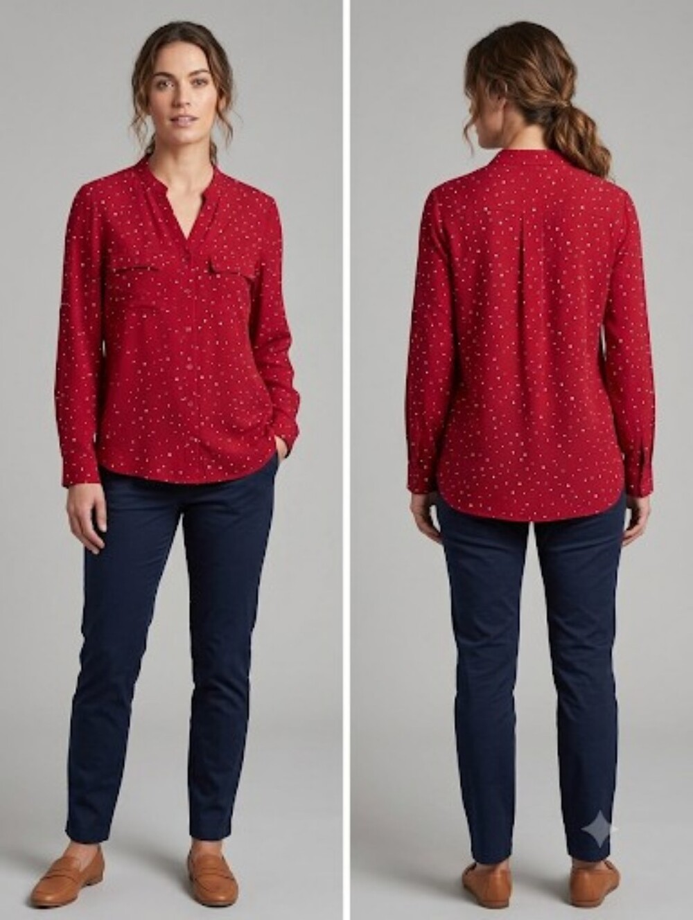 Coral Bay Button Down Blouse Bold Red with Metallic Silver Polka Dots Sz PL
